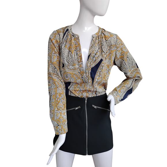 Ann Taylor Peasant Blouse Size Small Blue & Gold Paisley Giant Print Long Sleeve - Picture 2 of 5